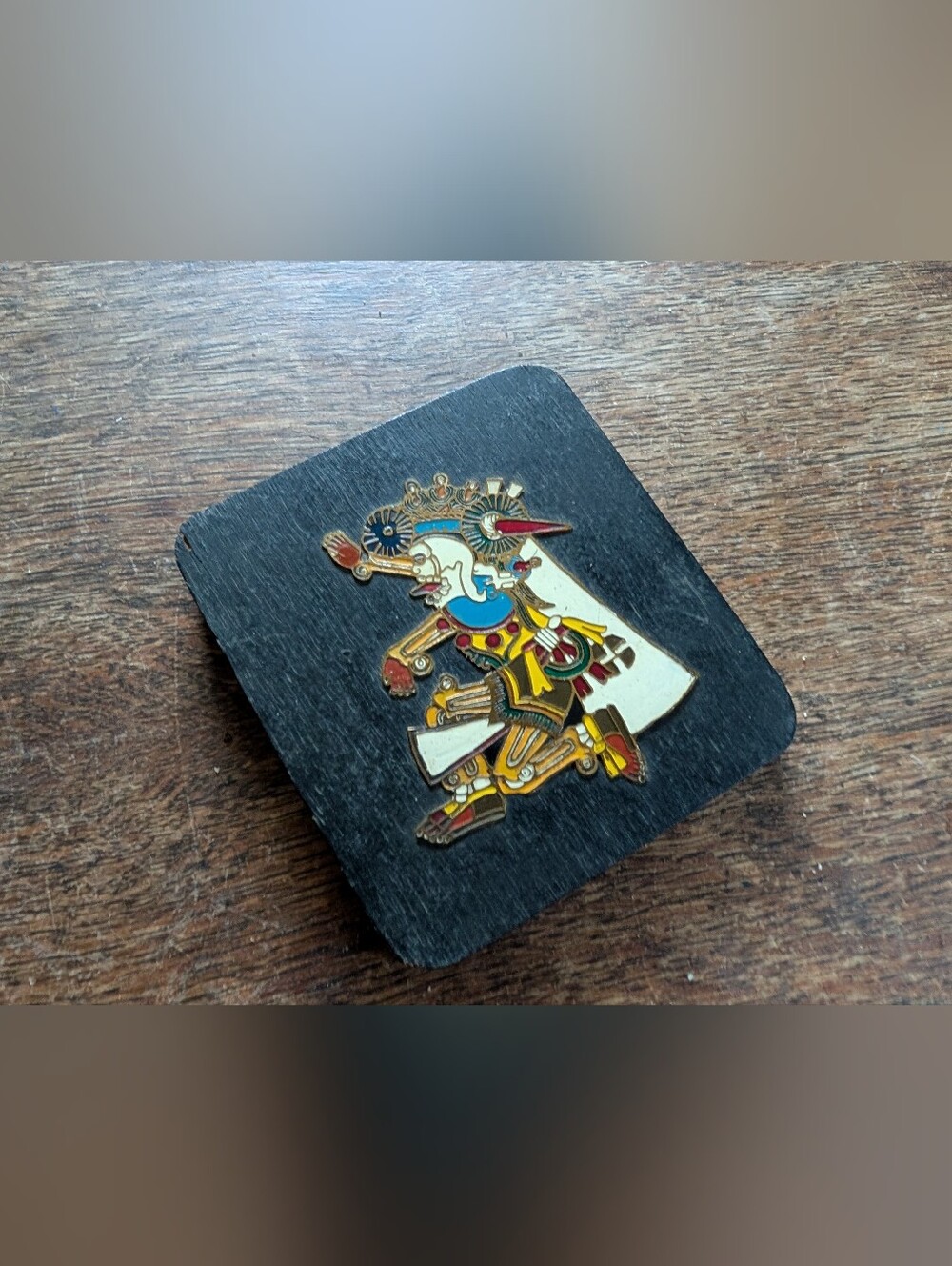 VTG MCM Mexican Enamel Wood Plaque Aztec God Mictlantecuhtli Codex Borbonicus